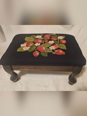 Vintage Needlepoint Strawberry Footstool Wooden Vanity Stool Upholstered Ottoman